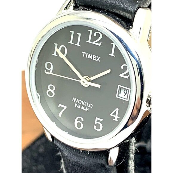 Timex Women's Watch T2N525 Quartz Indiglo Black Dial Leather Strap 25mm - Picture 1 of 13